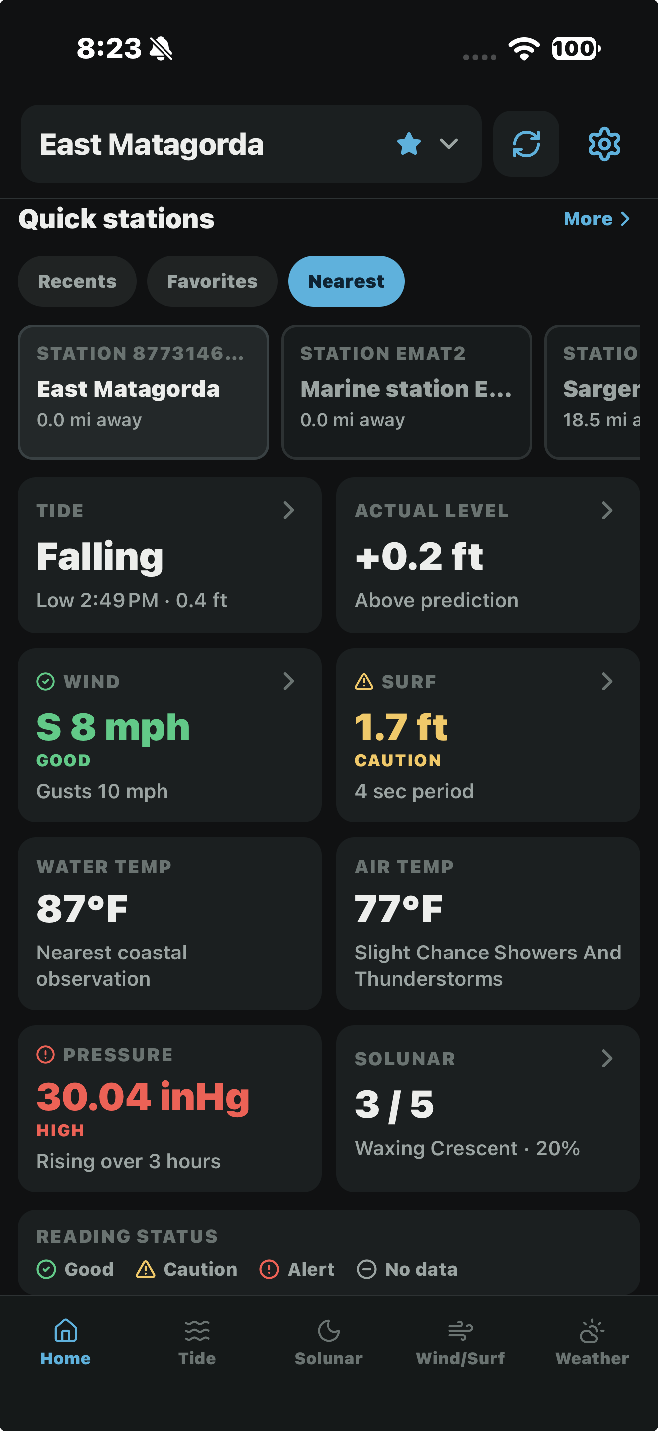 Coastal 360 Pro Home screen for East Matagorda showing quick stations, falling tide, wind, surf, water and air temperatures, pressure, and solunar rating