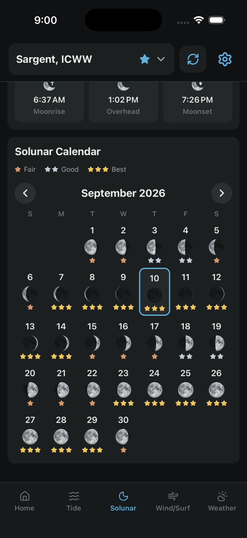 Coastal 360 Pro solunar calendar for September 2026 with moon phase icons and Fair, Good, and Best ratings for each day