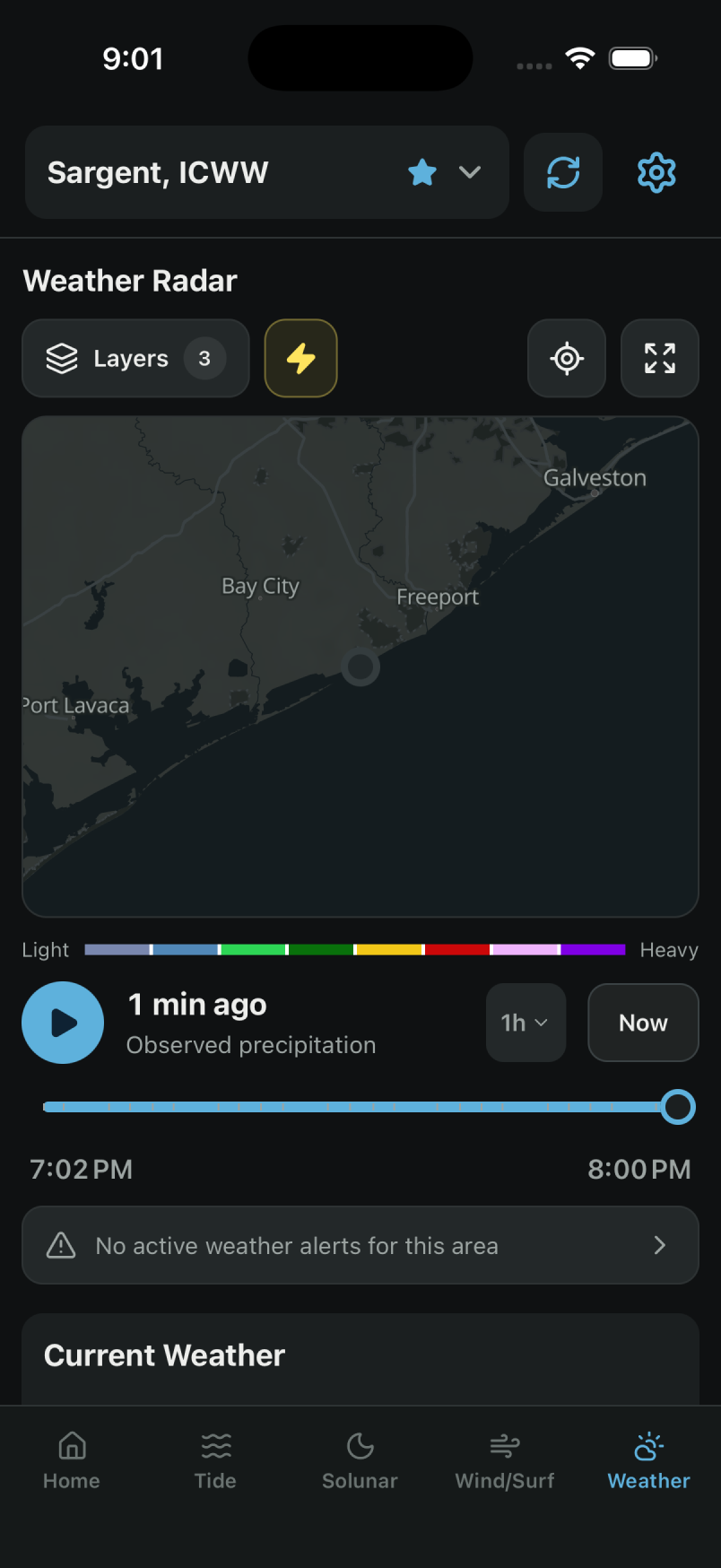 Coastal 360 Pro weather radar with layer controls and a precipitation timeline