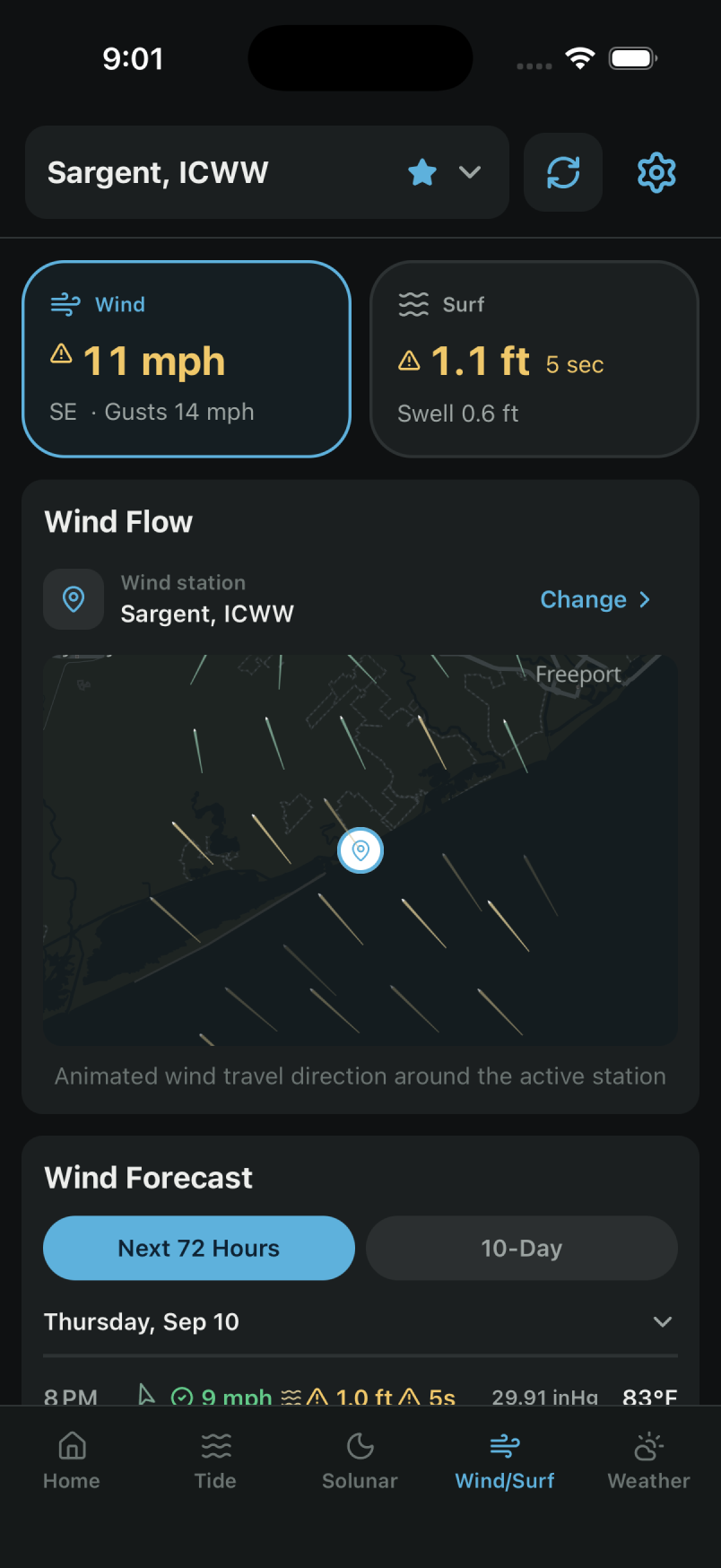 Coastal 360 Pro wind screen showing current wind and surf readings and an animated wind-flow map around the selected station